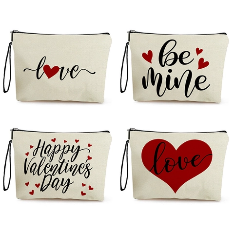 Valentine's Day Heart Print Canvas Cosmetic Bag Travel Makeup Pouch With Zipper And Wrist Strap For Women