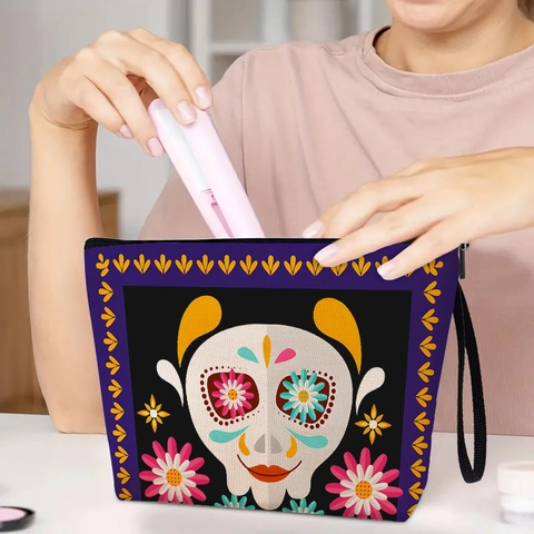 Trousse De Maquillage Jour Des Morts En Lin Fin Motif Crâne De Sucre Pochette De Toilette Portable Style Mexique