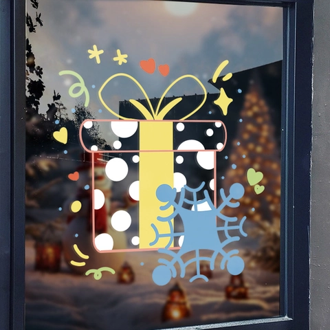 Pegatinas Ventana Navidad Color Doble Cara PVC Estático Copo Nieve Caja Regalo Decoración Sin Pegamento Para Vidrio
