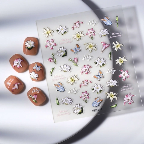 5D Relief Nagelaufkleber Lilie Blume Schmetterling Selbstklebend Wasserdicht Maniküre Dekoration Für Frauen