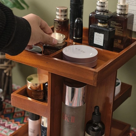 Wooden Rotating Makeup Organizer Cosmetic Storage Box For Vanity Desktop Skincare Perfume Rack Vintage Solid Wood Holder