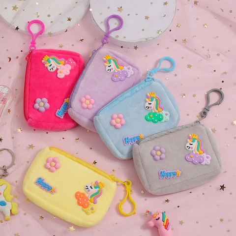Cute Cartoon Unicorn Plush Coin Purse Mini Wallet Keychain Hook Schoolbag Pendant For Kids Girls