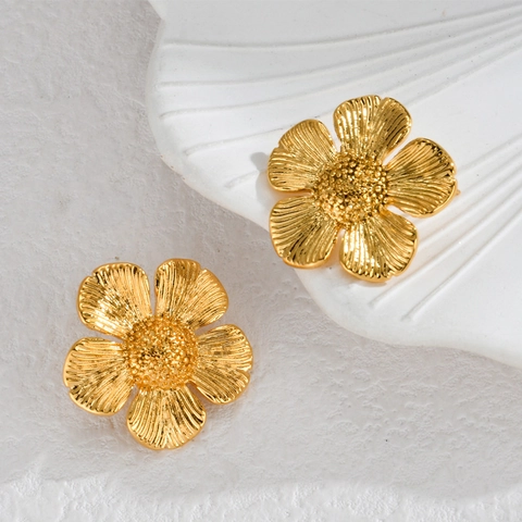 Vintage 18K Gold Plated Stainless Steel Flower Stud Earrings For Women Elegant Floral Artificial Pearl Rhinestone Jewelry