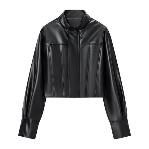 Women Faux Leather Jacket PU Stand Collar Slim Fit Long Sleeve Short Biker Coat Streetwear Outwear For Lady Black