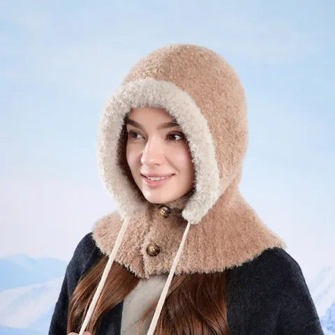 Passamontagna In Peluche Cappello Sciarpa Integrato Inverno Caldo Pile Sherpa Scaldacollo Con Cappuccio Bottone Coulisse