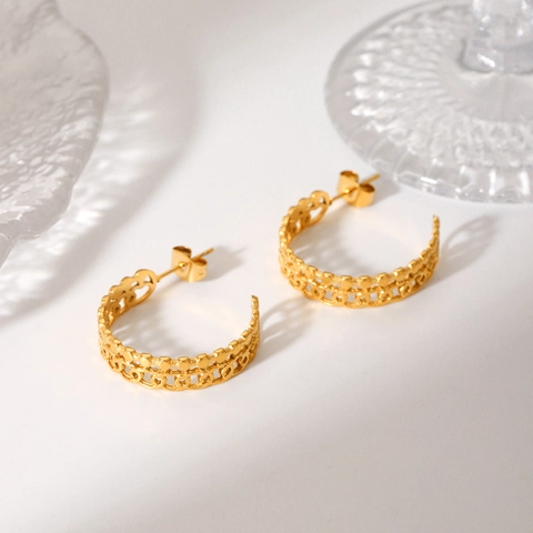 Hollow Chain C Shaped Hoop Earrings Stainless Steel Geometric Design Fashion Jewelry For Women 18K Gold Plated