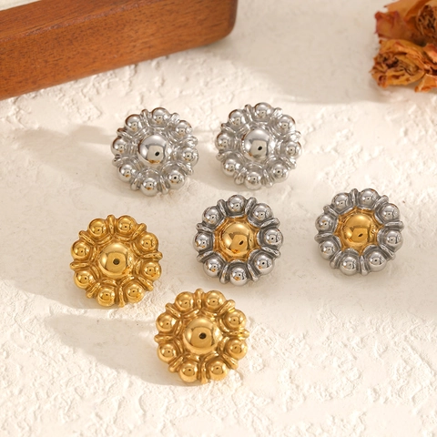 Flower Stud Earrings 304 Stainless Steel 18K Gold Plated Mixed Two Tone Geometric Round Bead Vintage For Women