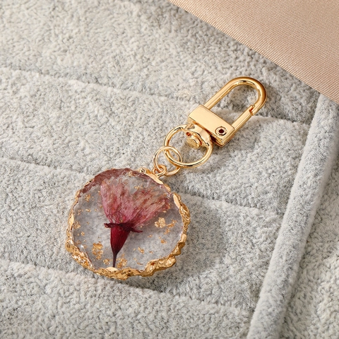 Llavero De Resina De Flores Secas Con Marco De Metal Dorado Irregular Colgante Floral Natural Encanto De Bolso Estético Hecho A Mano Regalo Para Mujeres