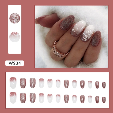 Faux Ongles De Noël Dégradé Rouge Flocon De Neige Paillettes Ovales Longs Ongles Pour Femmes Style Festif