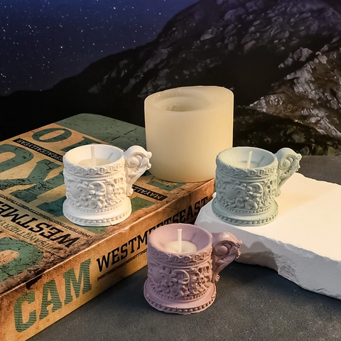 Vintage Relief Pattern Candle Holder Silicone Mold With Handle Baroque Style DIY Cake Candle Gypsum Decoration Ornament