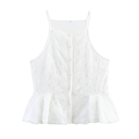 Canotta Camisole Donna Dolce Texture Rosa 3D Allacciatura Al Collo Bottone Davanti Orlo Peplum Camicia Senza Maniche Elegante