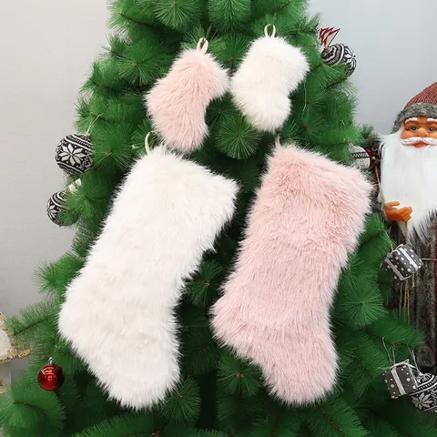 Calcetín De Navidad De Felpa De Piel Sintética Bolsa De Regalos Dulces Decoración Árbol De Navidad Colgante Color Sólido Suave