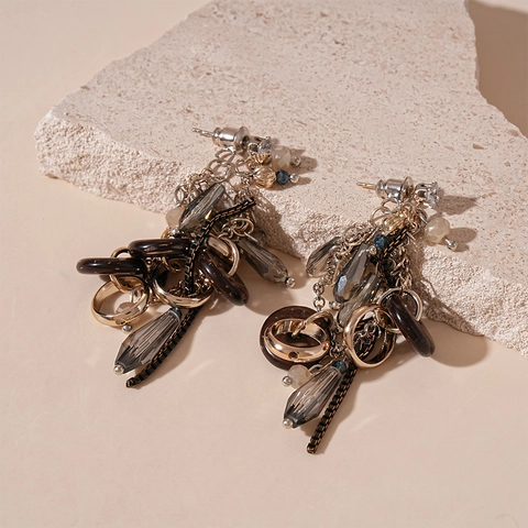 Retro Bohemian Geometric Dangle Tassel Earrings With Glass Beads Coconut Shell Zircon And Silver Earring Post