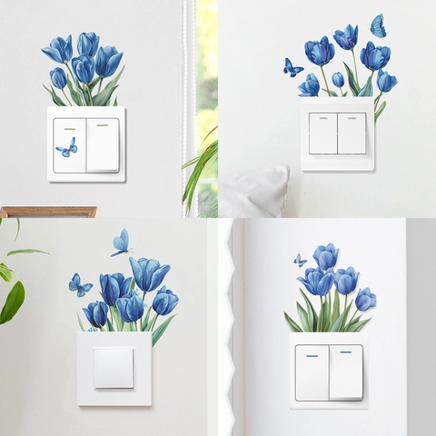 Adesivi Murali Tulipano Blu Farfalla PVC Rimovibile Decorazione Floreale Estetica Per Camera Da Letto Soggiorno Pannello Interruttore Acquerello