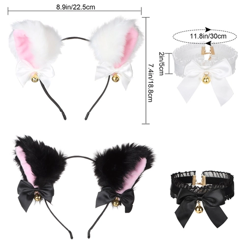 Cat Ears Headband Lace Choker And Plush Tail Cosplay Costume Accessories Faux Fur With Bell Ribbon For Roleplay