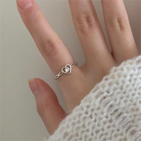 925 Sterling Silver Heart Ring With Round Zircon Infinity Twisted Open Adjustable Minimalist Korean Jewelry For Women
