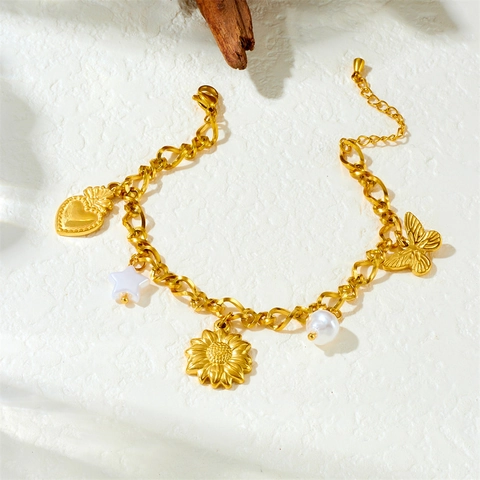 Pulsera De Dijes De Acero Inoxidable Chapado En Oro Corazón Estrella Girasol Mariposa Perla Artificial Cadena Ajustable Joyería Mujer