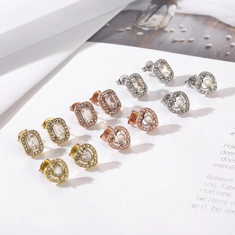 Square Heart Stud Earrings Titanium Steel Gold Plated Cubic Zirconia Halo Luxury Fashion Jewelry For Women