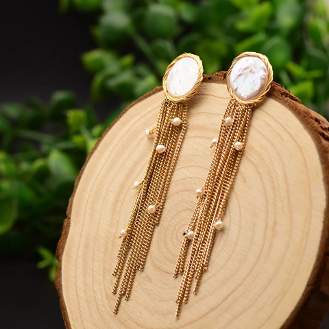 Orecchini Vintage con Nappa e Perla d'Acqua Dolce Barocca per Donna Placcati Oro 18K Pendenti a Catena Lunga con Perno in Argento 925