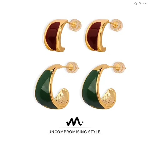 Boucles D'Oreilles Créoles Émaillées Vintage Pour Femmes En Forme De C En Cuivre Géométriques Rétro Minimalistes