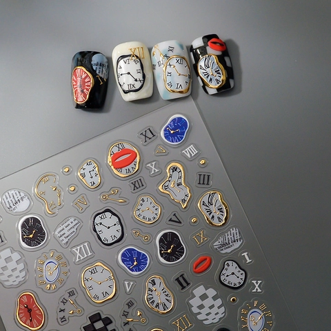 Reliëf Nagelstickers Surrealisme Smeltende Klok Lippen Romeinse Cijfers DIY Kunst Manicure Decals Zelfklevend Waterdicht