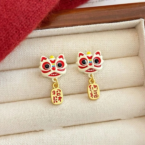 Boucles Oreilles Pendantes Danse Lion Alliage Émaillé Tiges Argent Couleurs Rouge Or Festives Style Marée Nationale Pour Femmes