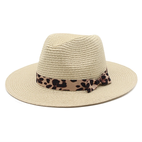 Chapeau Fedora En Paille Large Bord Respirant Protection Solaire Plage Été Style Panama Ruban Léopard Nœud Pour Femmes