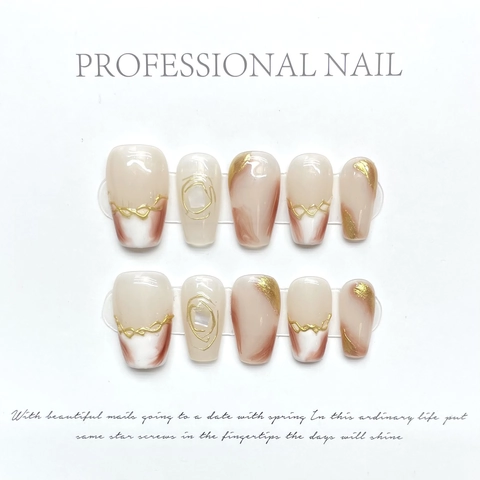 Handmade Press On Nails French Brown Coffee Amber Marble Gold Wire Metal Accents Autumn Winter Elegant For Women