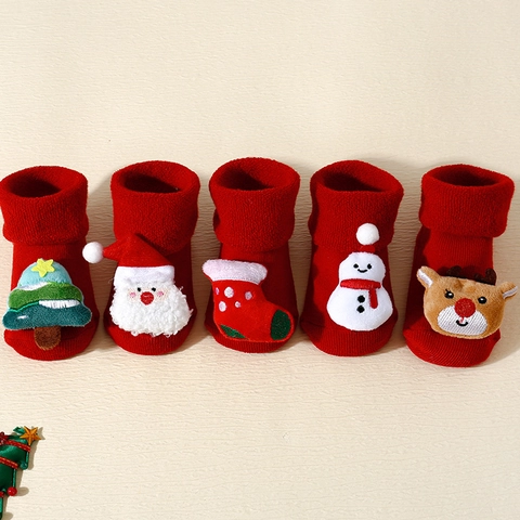 Baby Weihnachts Socken Baumwolle 3D Weihnachtsmann Schneemann Antirutsch Winter Warm Kleinkind Indoor Bodensocken Rot