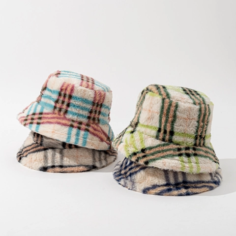Checkered Plaid Faux Fur Bucket Hat Warm Winter Windproof Soft Plush Basin Cap Stylish Outdoor Accessories For Women Men