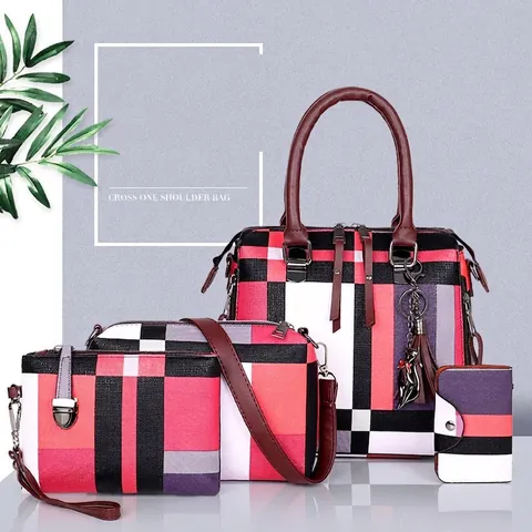 Damen PU Leder Passende Taschen Karo Patchwork Handtasche Umhängetasche Beutel Und Brieftasche Mit Katzenanhänger