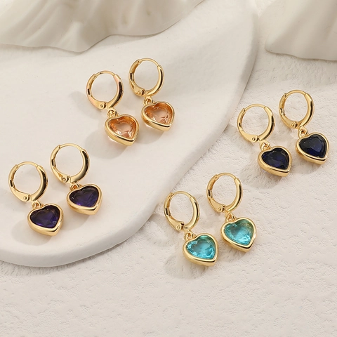 Heart Drop Earrings Copper Gold Plated With Colorful Zircon Inlaid Leverback Sweet Fashion Dangle For Women