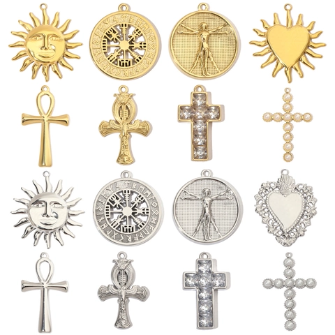 Vintage Edelstahl Anhänger Für DIY Schmuckherstellung Wikinger Kompass Sonnengesicht Kreuz Herz Mit Zirkon Künstliche Perle Designs