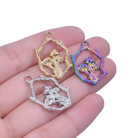 Pilz Anhänger Halskette Edelstahl Sechseck Ast Rahmen Natur Inspirierter Schmuck Für Damen 18K Vergoldet