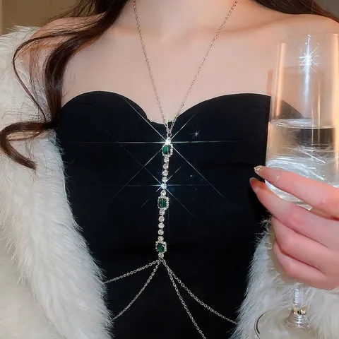 Catena Da Corpo Di Lusso Per Donna Lega Cristallo Verde Smeraldo Strass Multistrato Moda Gioielli Da Petto Vintage