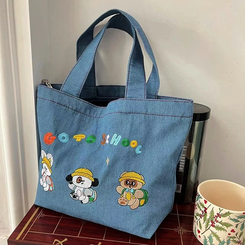 Embroidered Cartoon Denim Lunch Bag Large Capacity Washed Fabric Handbag For Students Cute Portable Tote With Zipper