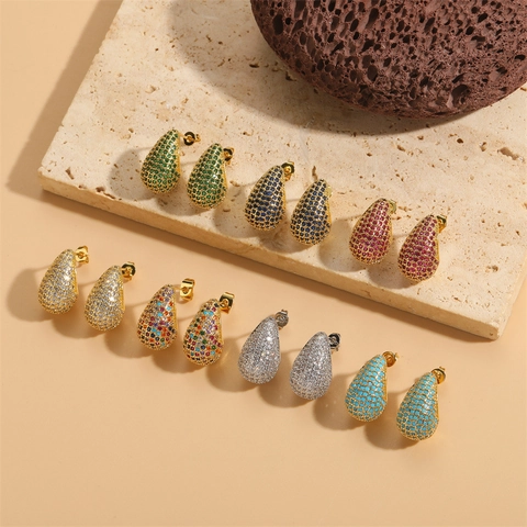 Hollow Teardrop Stud Earrings With Brass And Colorful Cubic Zirconia Micro Pave Trendy Elegant Jewelry For Women