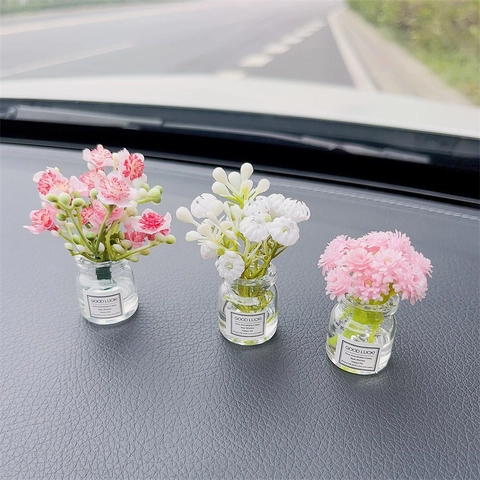 Mini Artificial Flower Vase Glass Bottle Car Dashboard Ornament Interior Decoration Aesthetic Fresh Style Decor