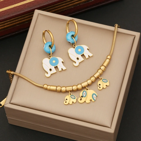 Elephant Evil Eye Jewelry Stainless Steel Double Layer Enamel Necklace Bracelet Earrings For Women Fashion Accessory