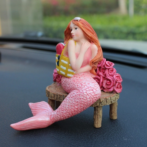 Cute Mermaid Figurine Ornament Resin Car Dashboard Decoration Desktop Statue With Pink Roses And Red Hair