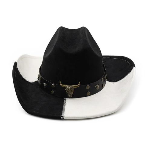 Western Cowboy Hoed Contrastkleur Vilt Fedora Met Stierenkop Metalen Decor Leren Band En Kinriem Voor Volwassenen