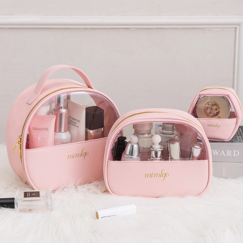 PU Leather Transparent Makeup Bag Large Capacity Waterproof Travel Cosmetic Pouch Crescent Semi Circular Wash Bag Women
