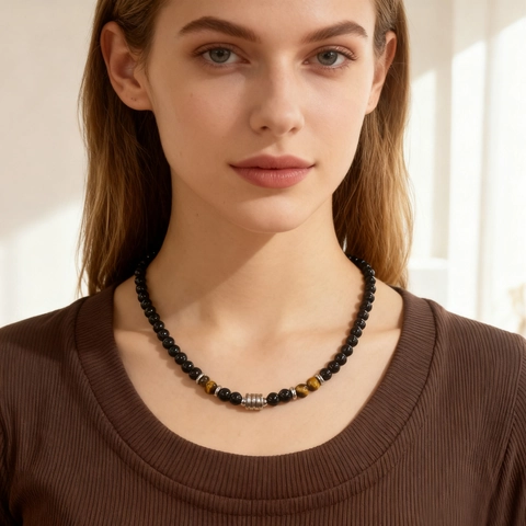 Men Natural Tiger Eye Map Stone Obsidian Beaded Necklace With Stainless Steel Toggle Clasp Retro Punk Style Neck Jewelry