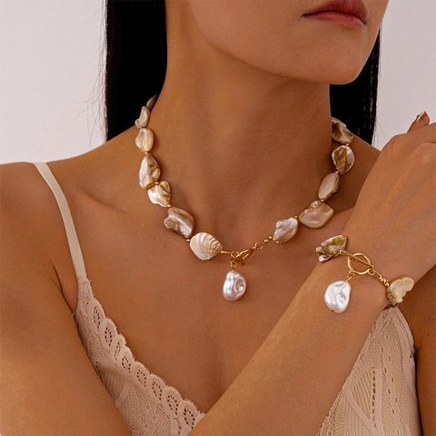 Irregular Shell Imitation Artificial Pearl Necklace And Bracelet OT Toggle Clasp Artificial Baroque Pearl Pendant Vacation Beach Jewelry Women