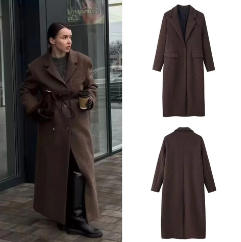 Women Long Woolen Coat Solid Color Lapel Single Breasted Loose Overcoat Outerwear Casual Streetwear Jacket Winter