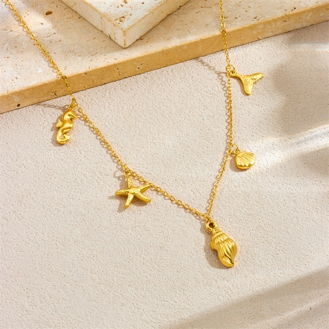 Parure De Bijoux En Acier Inoxydable Plaqué Or Océan Étoile De Mer Hippocampe Coquillage Pendentif Collier Et Bracelet Femme