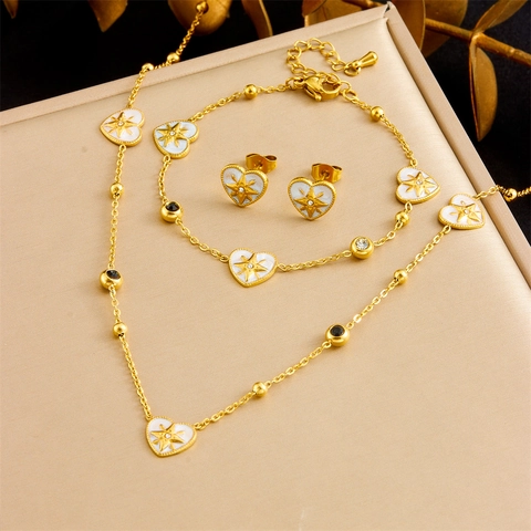 Collana Bracciale E Orecchini In Acciaio Inossidabile Cuore Stella A Otto Punte Smalto Zircone Per Donna Elegante
