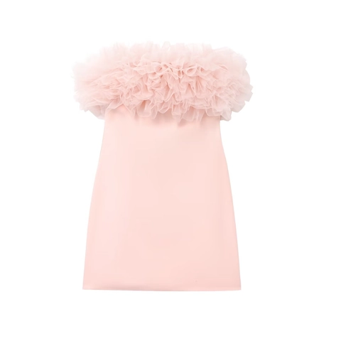 Mini Abito Senza Spalline In Tulle Rosa Dolce Volant A Strati Party Clubwear Senza Maniche Elegante Per Donna