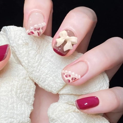 Ongles Autocollants À Motif Léopard Français Avec Nœud 3D Et Künstliche Perles Décor Résine Faux Ongles Pour Femmes Style Doux