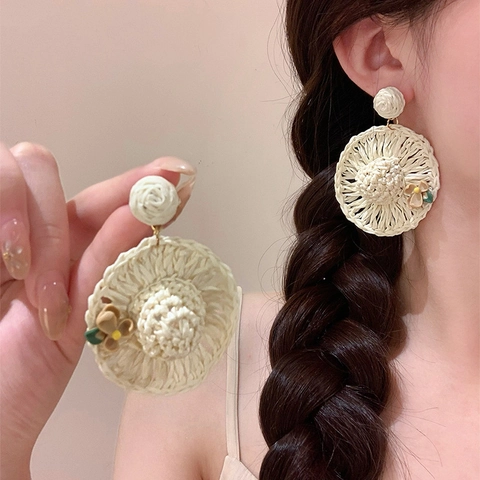 Woven Raffia Straw Hat Stud Earrings With Silver Earring Post Bohemian Floral Summer Holiday Style Jewelry For Women